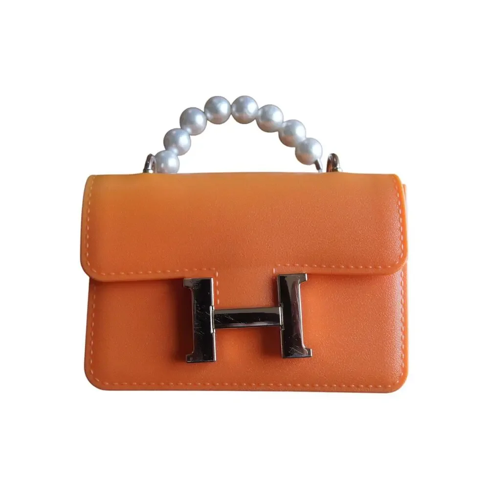 Girls Orange Mini Handbag Pearl Handle H Buckle Plastic Toy Purse